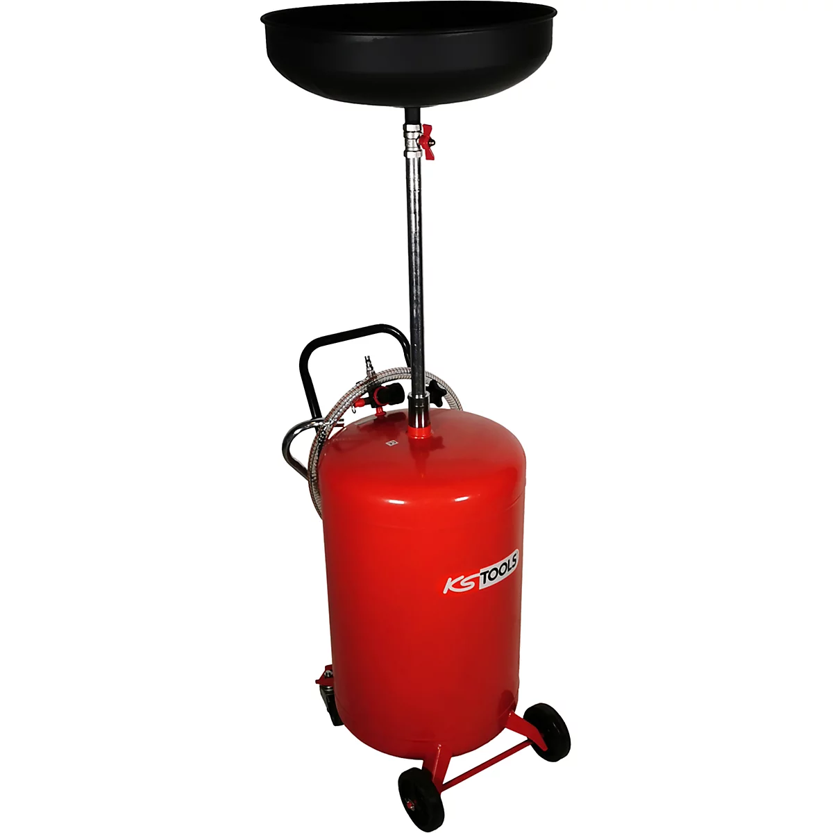 Roter Ölauffangbehälter mit schwarzer Auffangschale, rollbar. Das KS TOOLS Logo ist zu sehen.